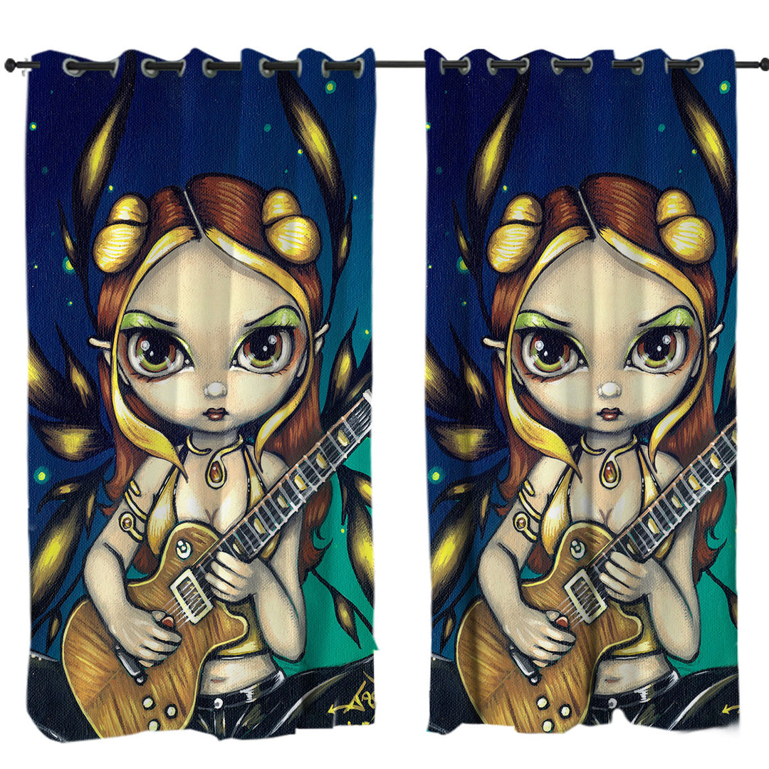 Cute Fantasy Golden Guitar Fairy Window Curtains