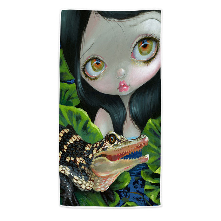 Cute Fantasy Mermaid with a Baby Alligator Beach Towel