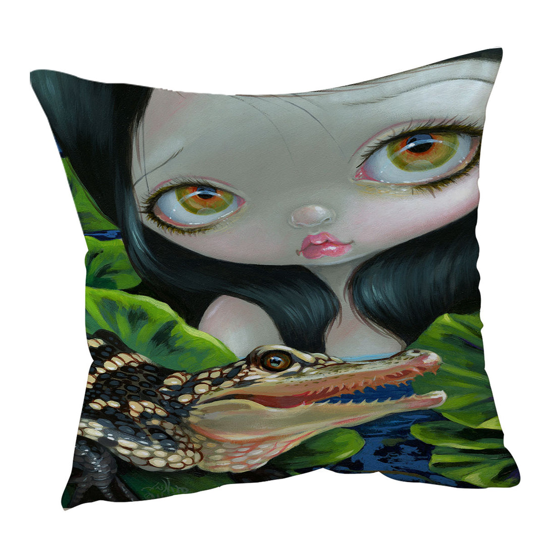 Cute Fantasy Mermaid with a Baby Alligator Cushion Cover