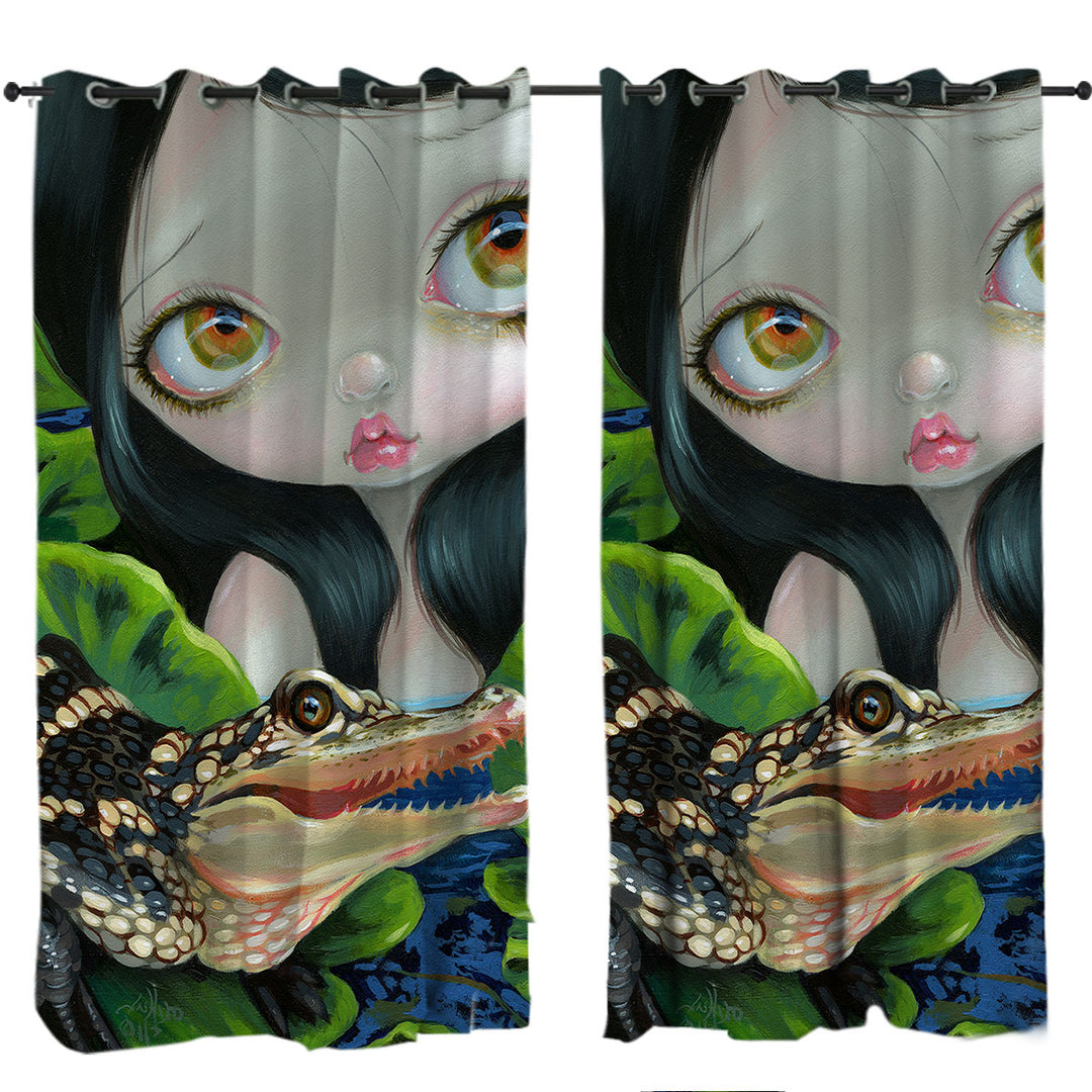 Cute Fantasy Mermaid with a Baby Alligator Drapes and Curtains