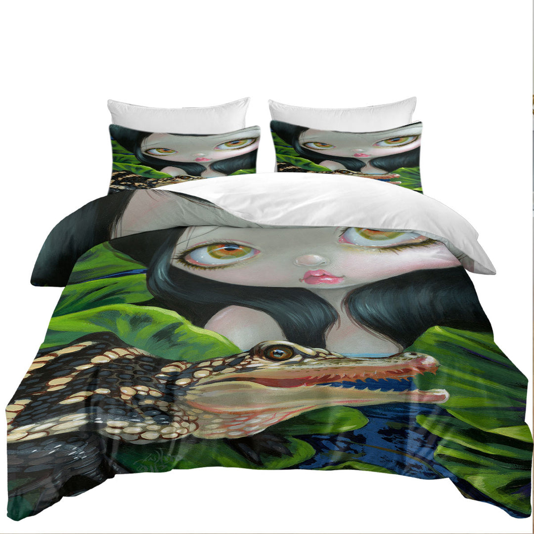 Cute Fantasy Mermaid with a Baby Alligator Duvet Cover sale