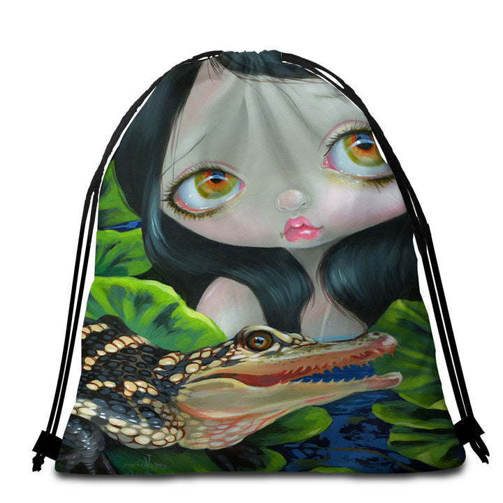 Cute Fantasy Mermaid with a Baby Alligator Girls Beach Towels