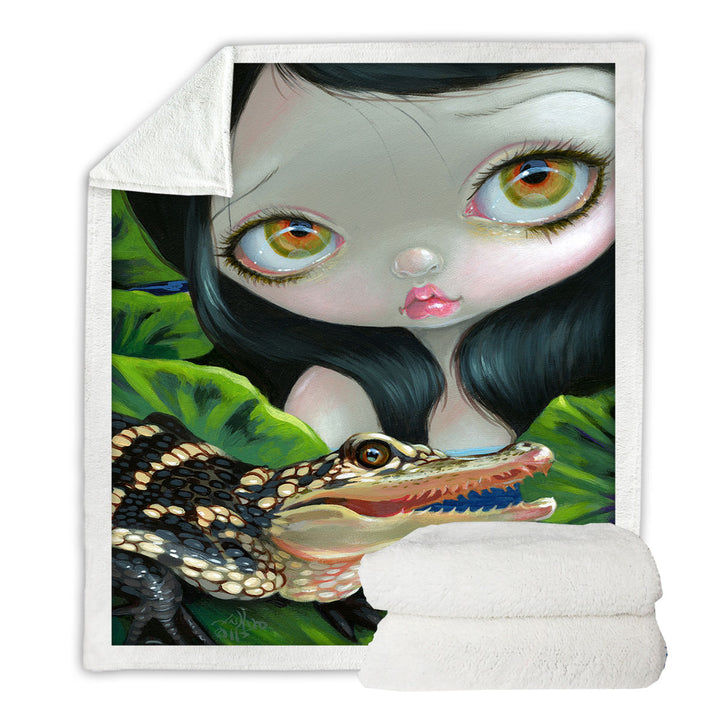 Cute Fantasy Mermaid with a Baby Alligator Sherpa Blanket