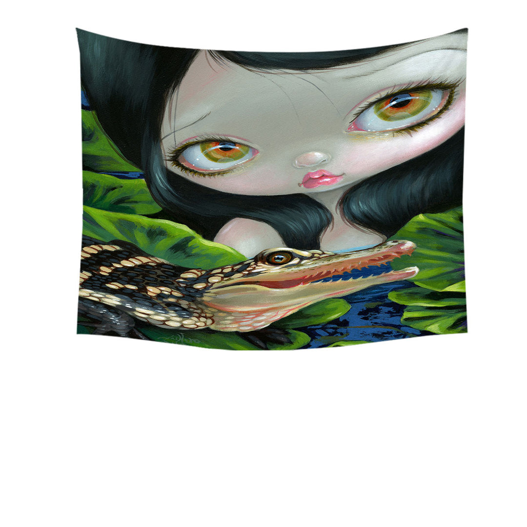 Cute Fantasy Mermaid with a Baby Alligator Tapestry