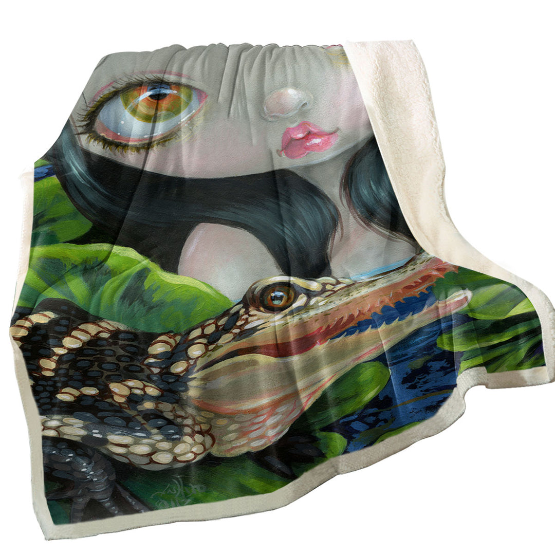 Cute Fantasy Mermaid with a Baby Alligator Throw Blanket