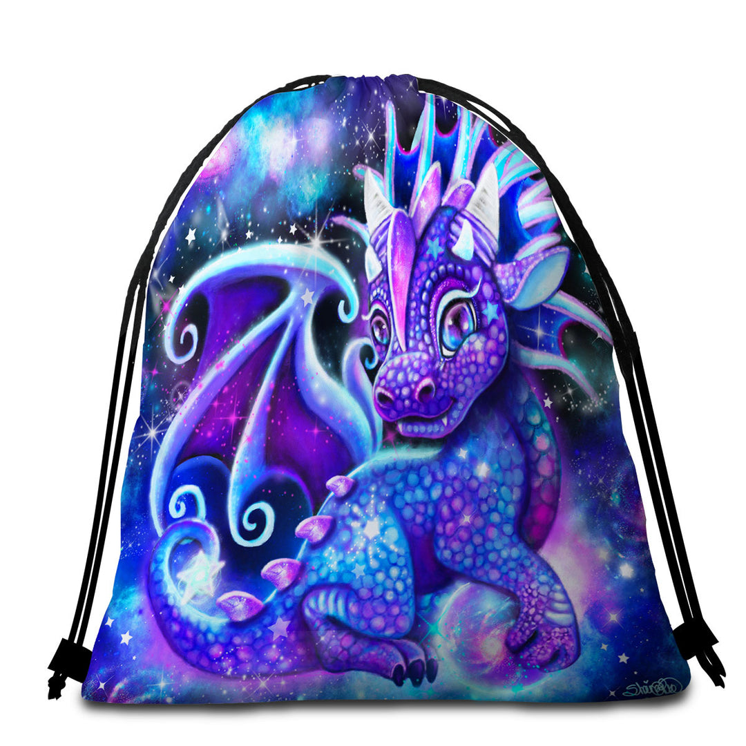 Cute Fantasy Painting Galaxy Lil Dragon Beach Towels and Bags Set