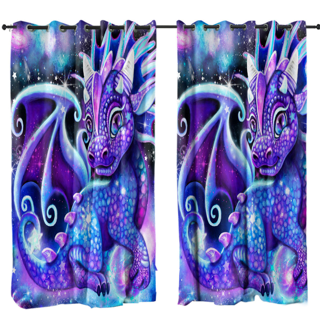 Cute Fantasy Painting Galaxy Lil Dragon Eyelet Curtains