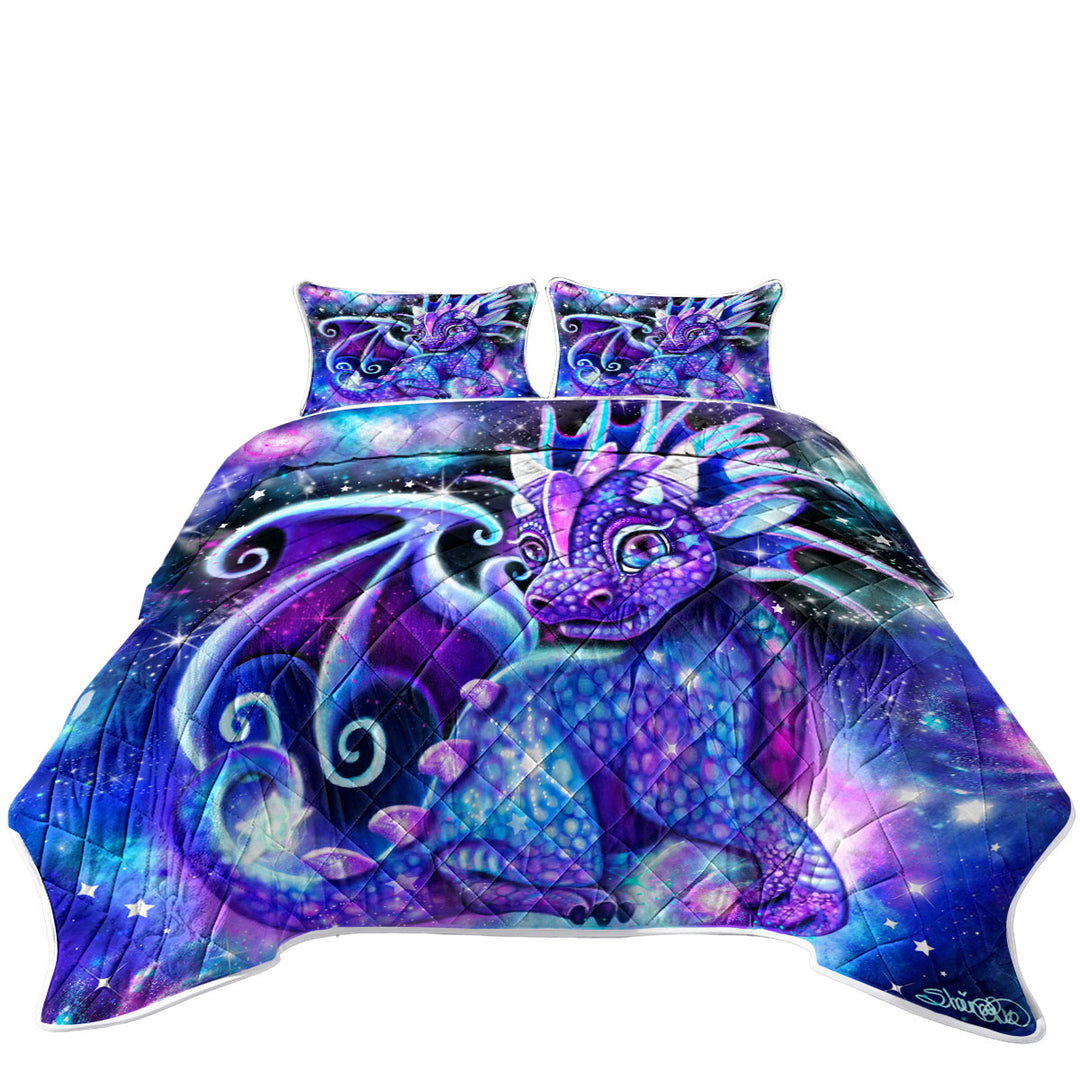 Cute Fantasy Painting Galaxy Lil Dragon King Size Quilt Sets