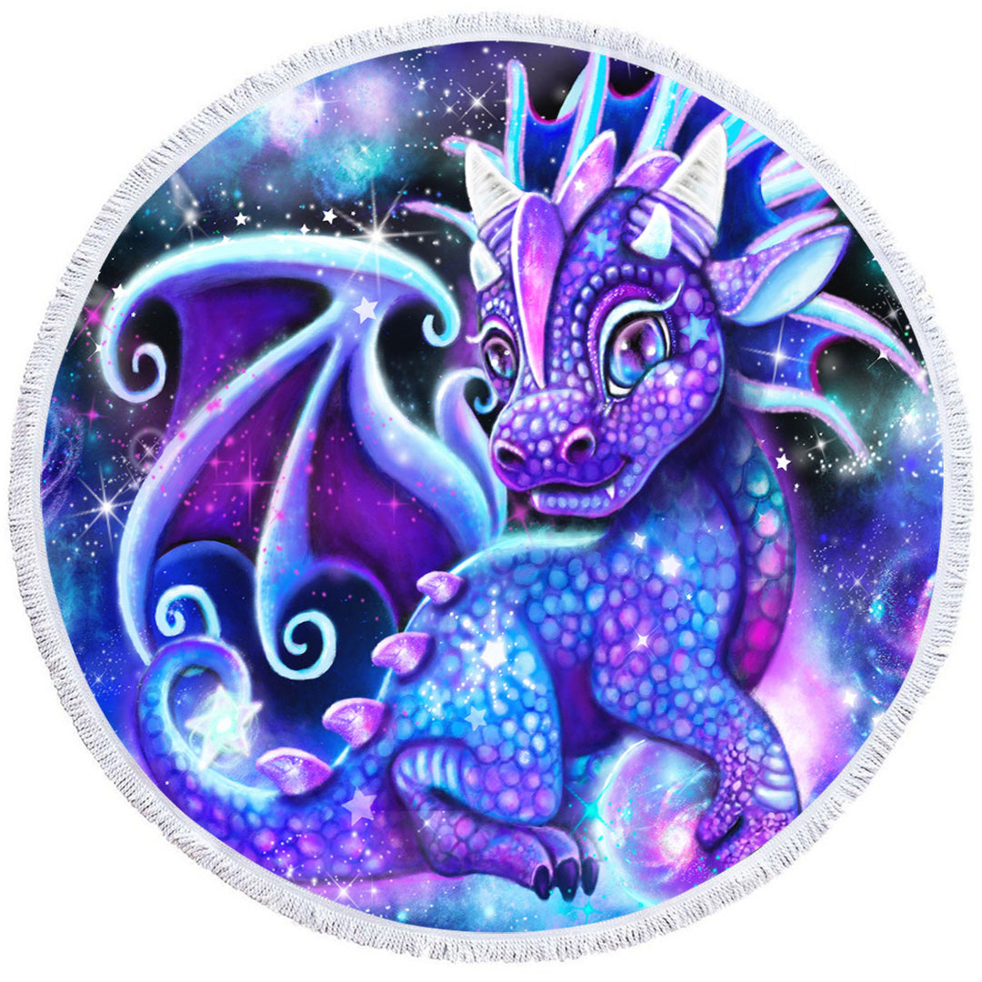 Cute Fantasy Painting Galaxy Lil Dragon Microfiber Beach Towel Round for Kids