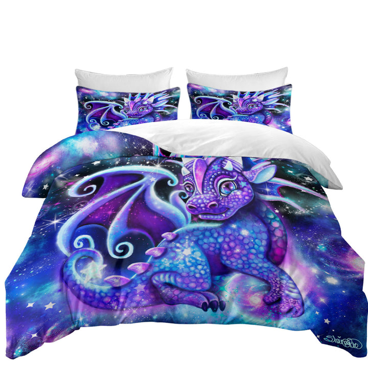 Cute Fantasy Painting Galaxy Lil Dragon Queen Size Duvet Cover