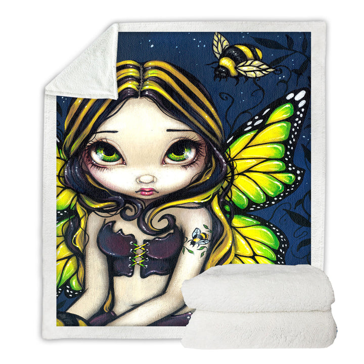 Cute Fleece Blankets Art Bumblebee Tattoo on Butterfly Fairy