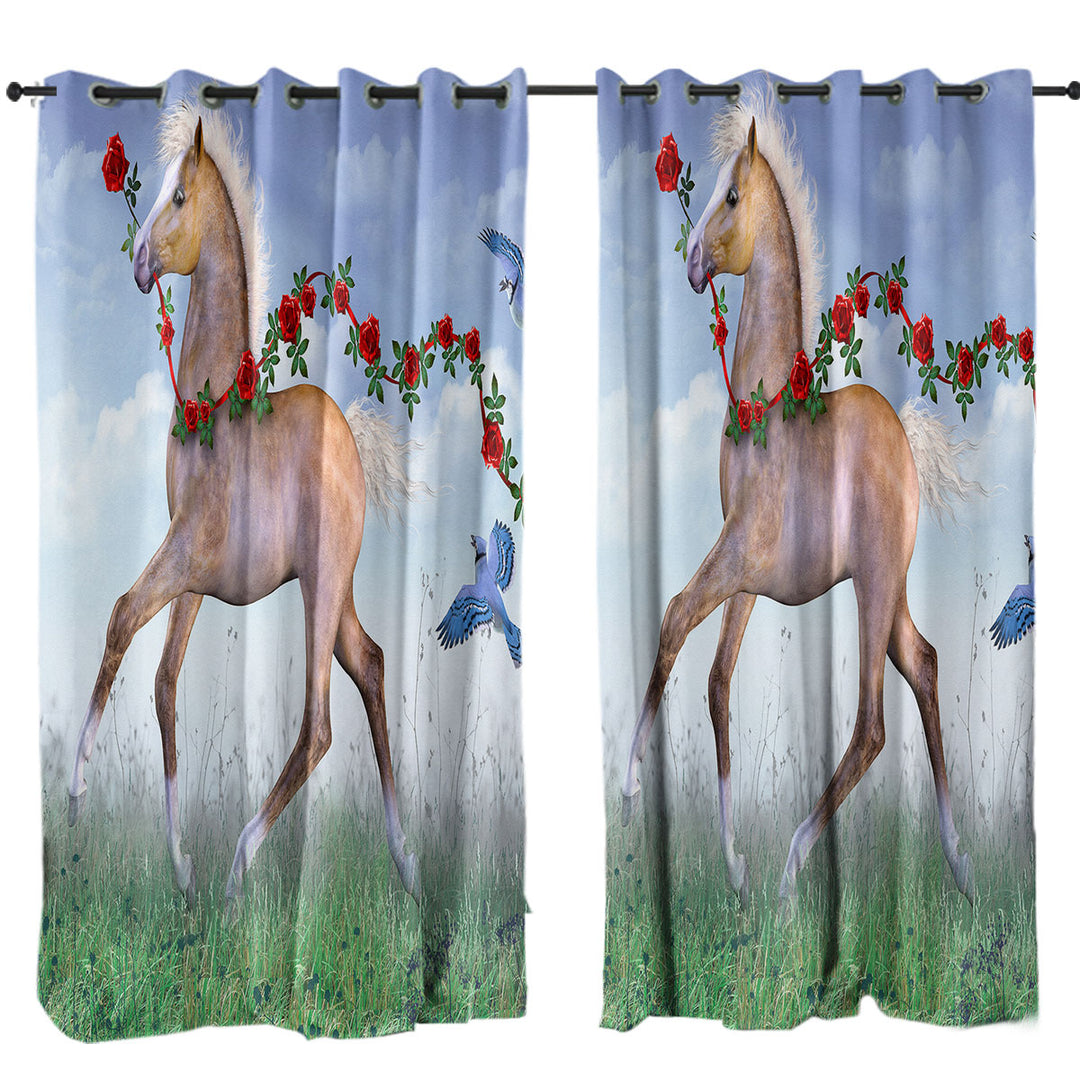 Cute Foal Horse with Roses and Birds Curtains