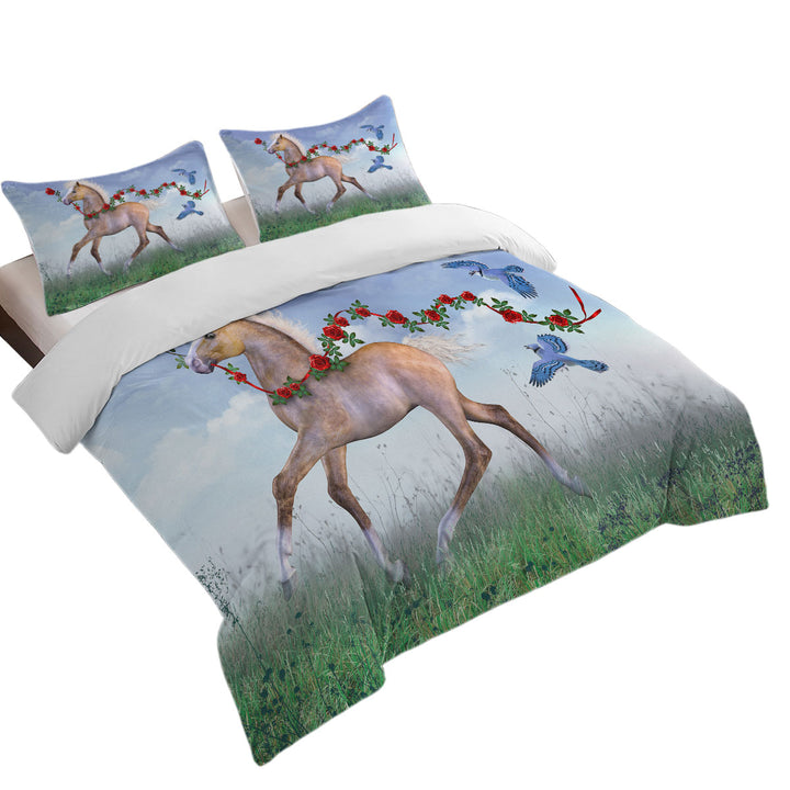 Cute Foal Horse with Roses and Birds Duvet Covers King