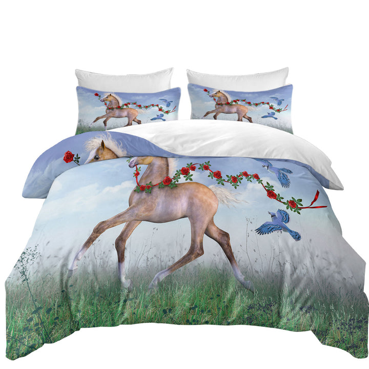 Cute Foal Horse with Roses and Birds Good Duvet Covers