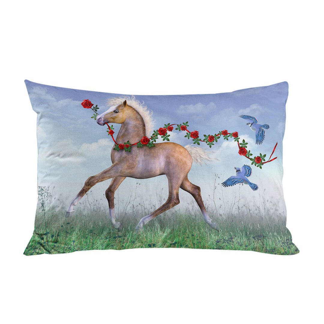 Cute Foal Horse with Roses and Birds Pillowcase