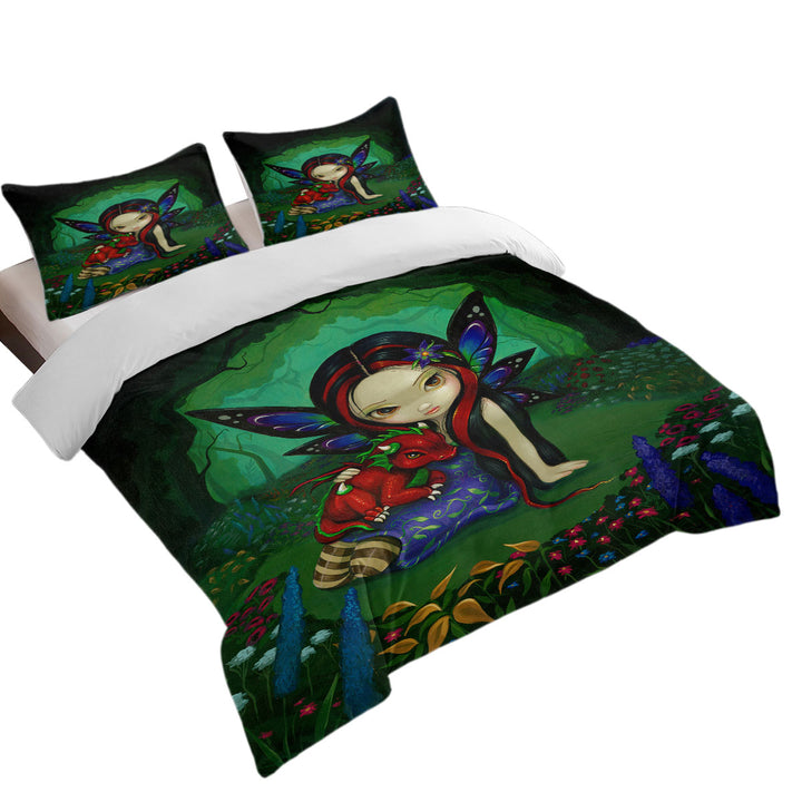 Cute Forest Fairy in the Dragonling Garden Queen Size Duvet Cover