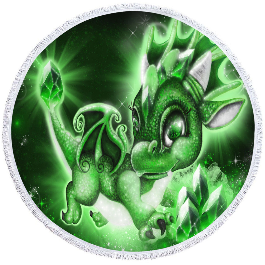 Cute Gift Round Beach Towel for May Emerald Birthstone Lil Dragon