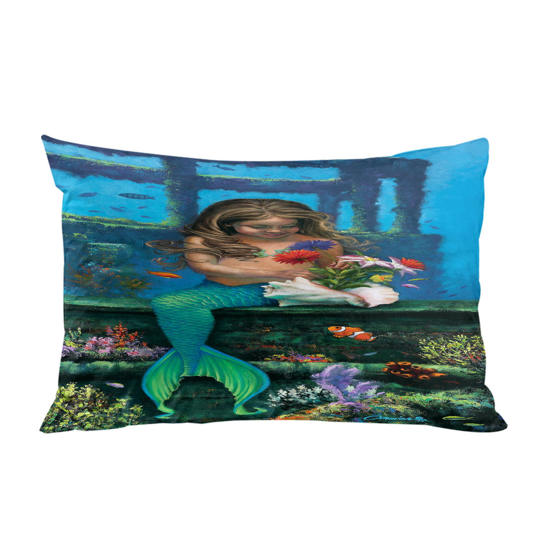 Cute Girl Mermaid and Underwater Flowers Pillow Case Covers