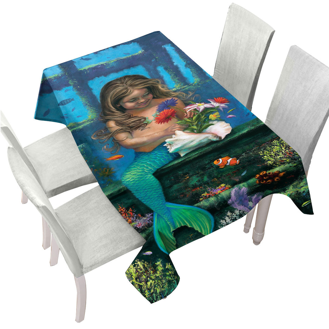 Cute Girl Mermaid and Underwater Flowers Tablecloths