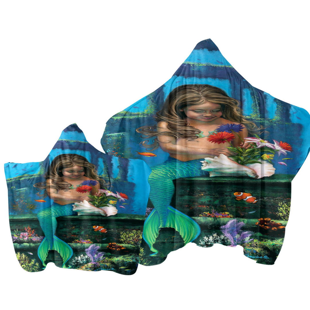 Cute Girl Mermaid and Underwater Flowers Towel with Hood