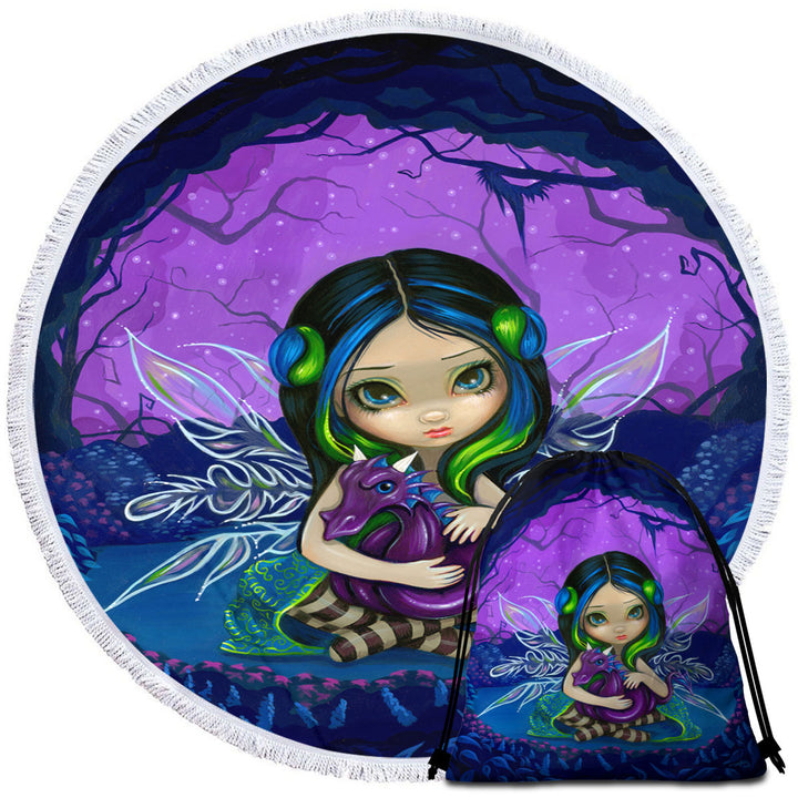 Cute Girls Beach Towels Fairy in the Purple Moonlit Dragonling Garden