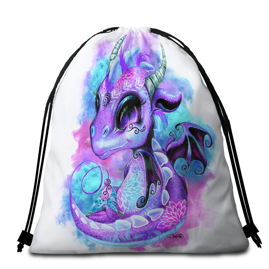 Cute Girls Beach Towels and Bags Set Fantasy Art Wind Spirit Lil Dragon