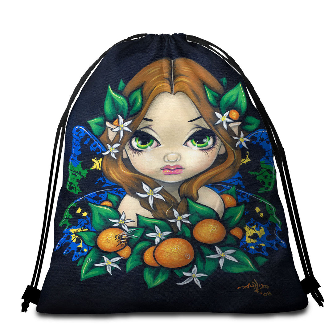 Cute Girls Painting Orange Blossom Fairy Beach Towels and Bags Set