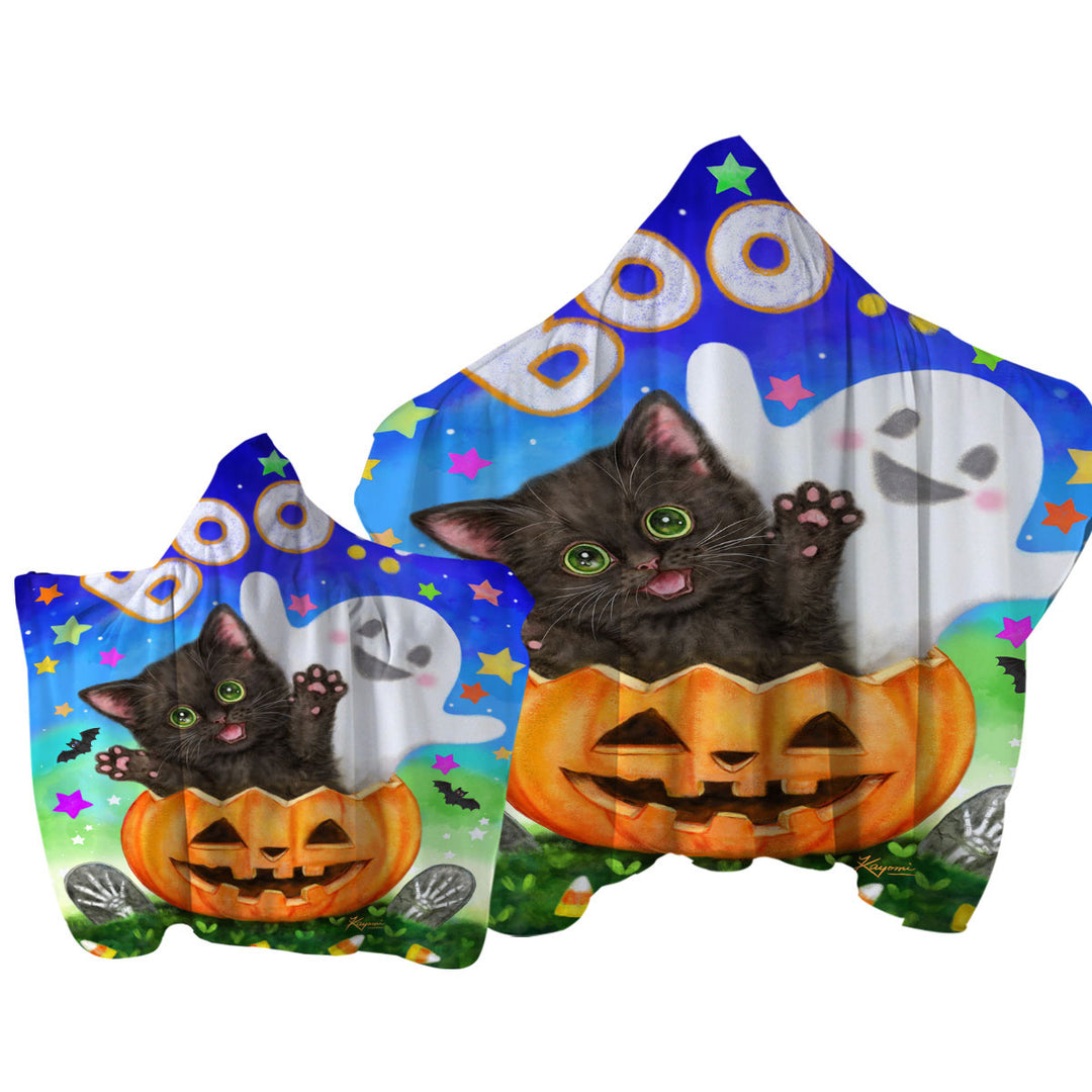 Cute Halloween Design Pumpkin Ghost and Cat Towel with Hood