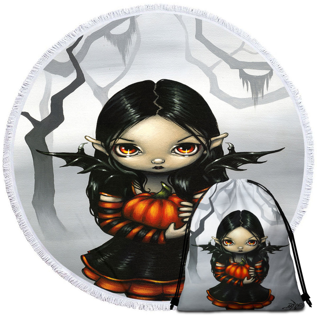 Cute Halloween Round Beach Towel Design Goth Fairy Pumpkin Pixie