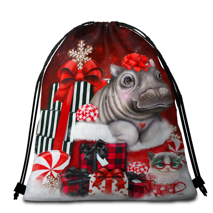 Cute Hippo Christmas Surprise Beach Towels and Bags Set