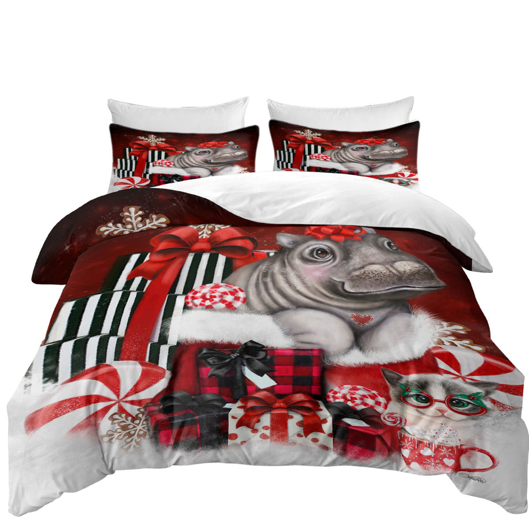 Cute Hippo Christmas Surprise Coverlet