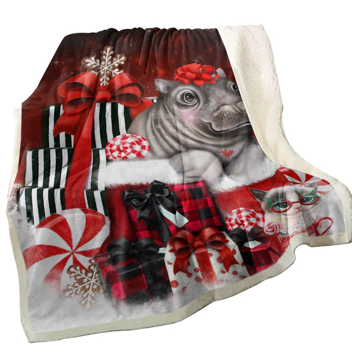 Cute Hippo Christmas Surprise Decorative Blankets