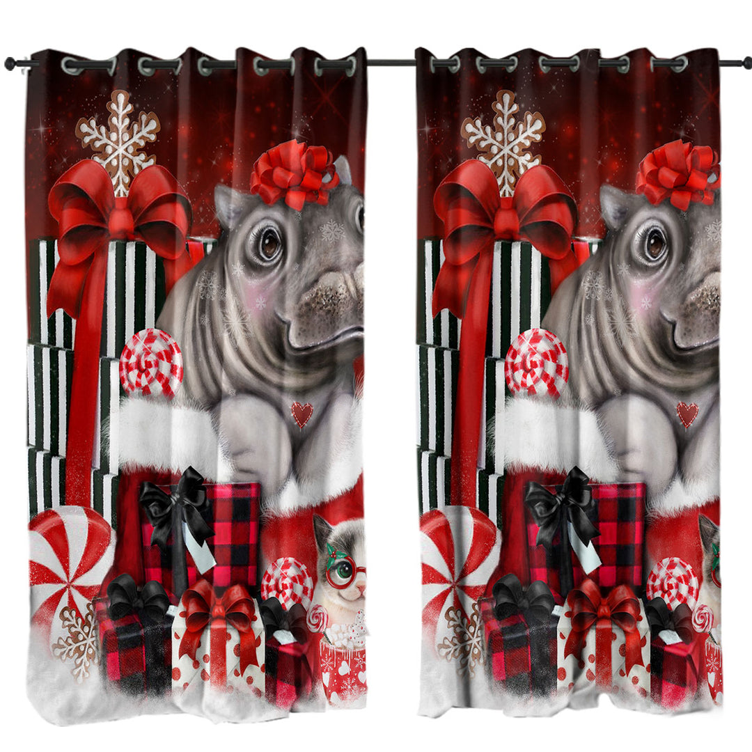 Cute Hippo Christmas Surprise Drapes for Living Room