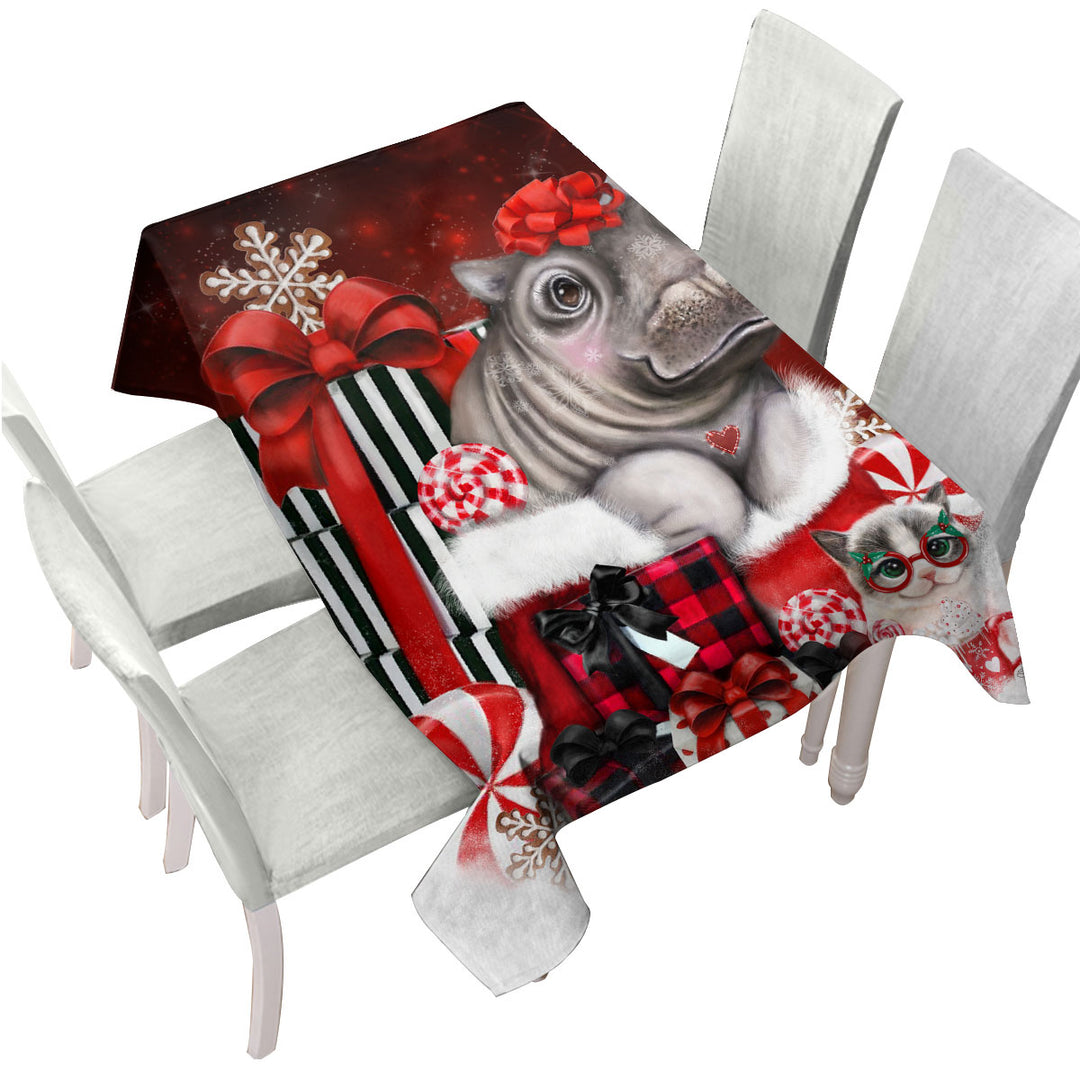 Cute Hippo Christmas Surprise Tablecloth