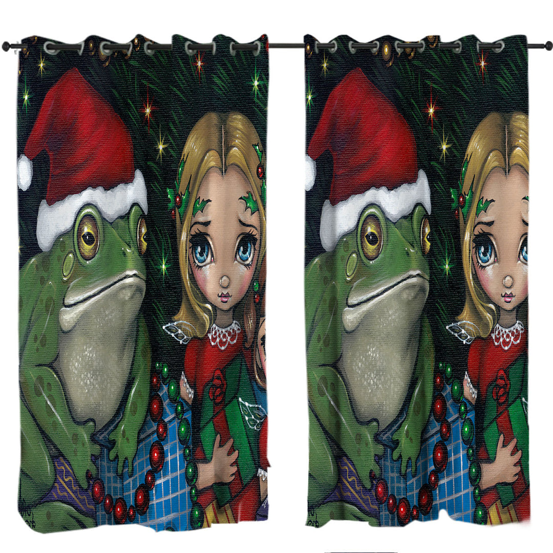 Cute Holiday Christmas Painting Girls and Santa Frog Curtains for Living Room