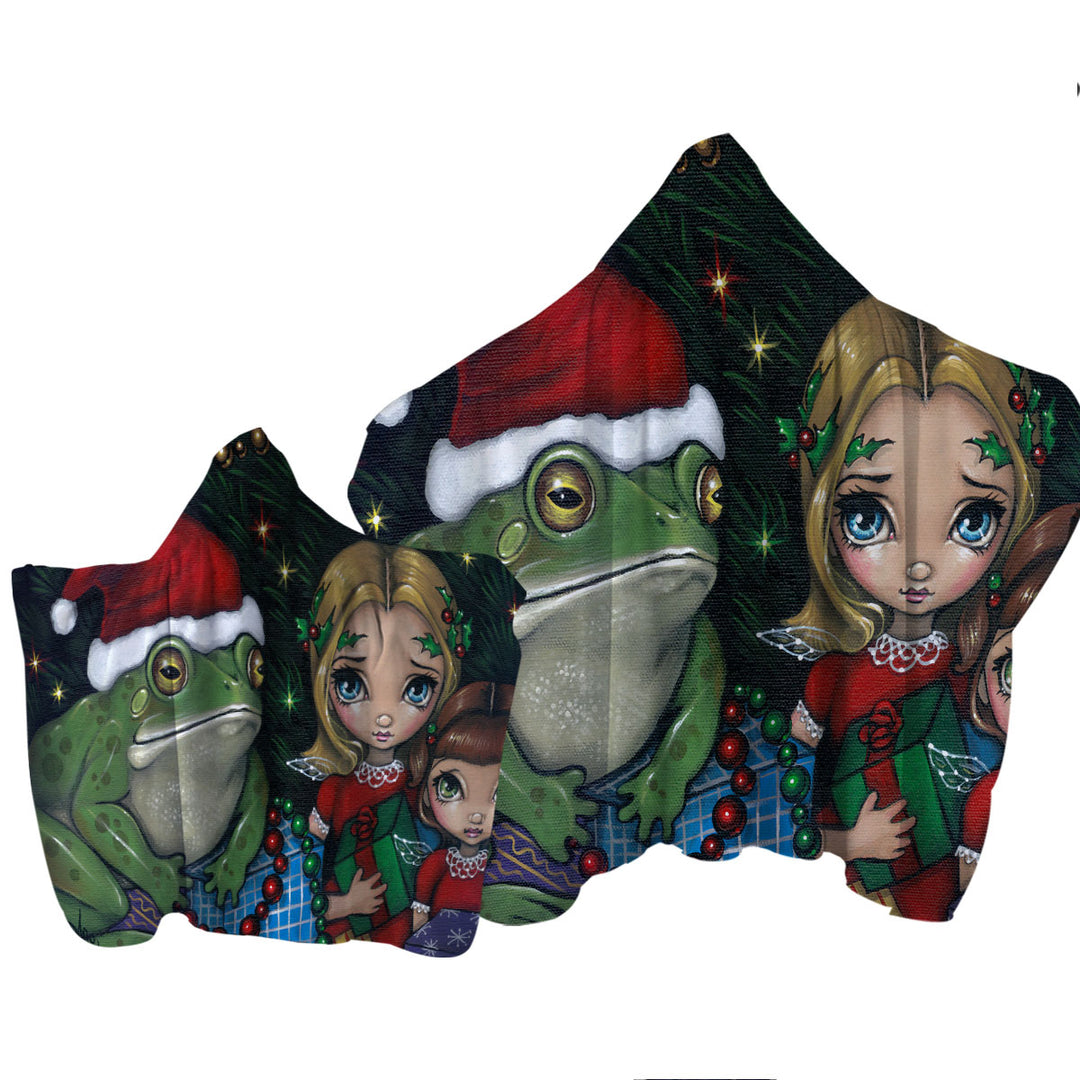 Cute Holiday Christmas Painting Girls and Santa Frog Towel with Hood