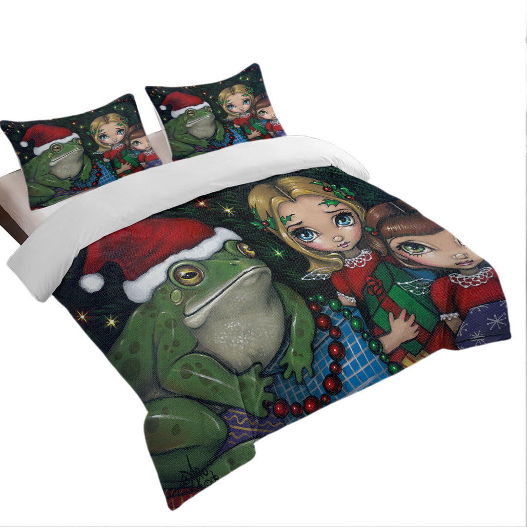 Cute Holiday Christmas Painting Girls and Santa Frog Twin Duvet Covers