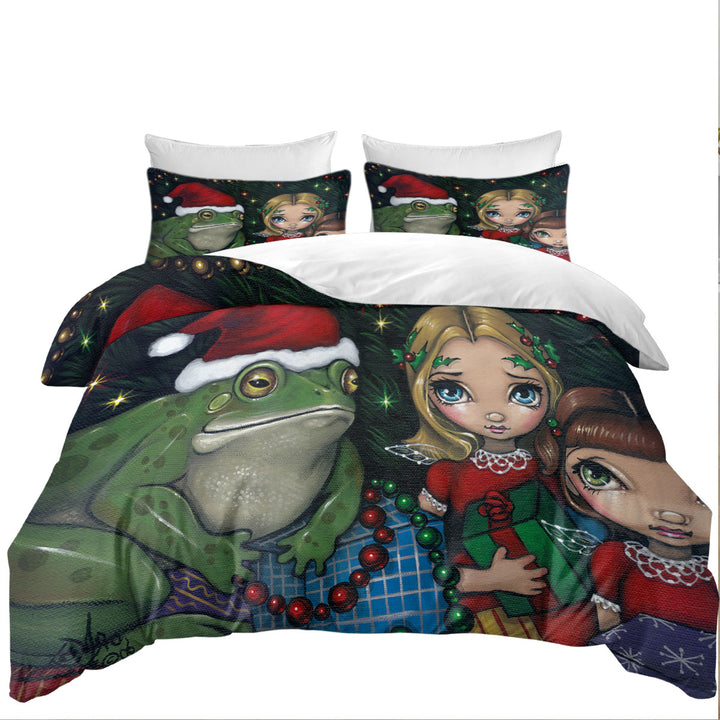 Cute Holiday Christmas Painting Girls and Santa Frog Twin xl Duvet Covers