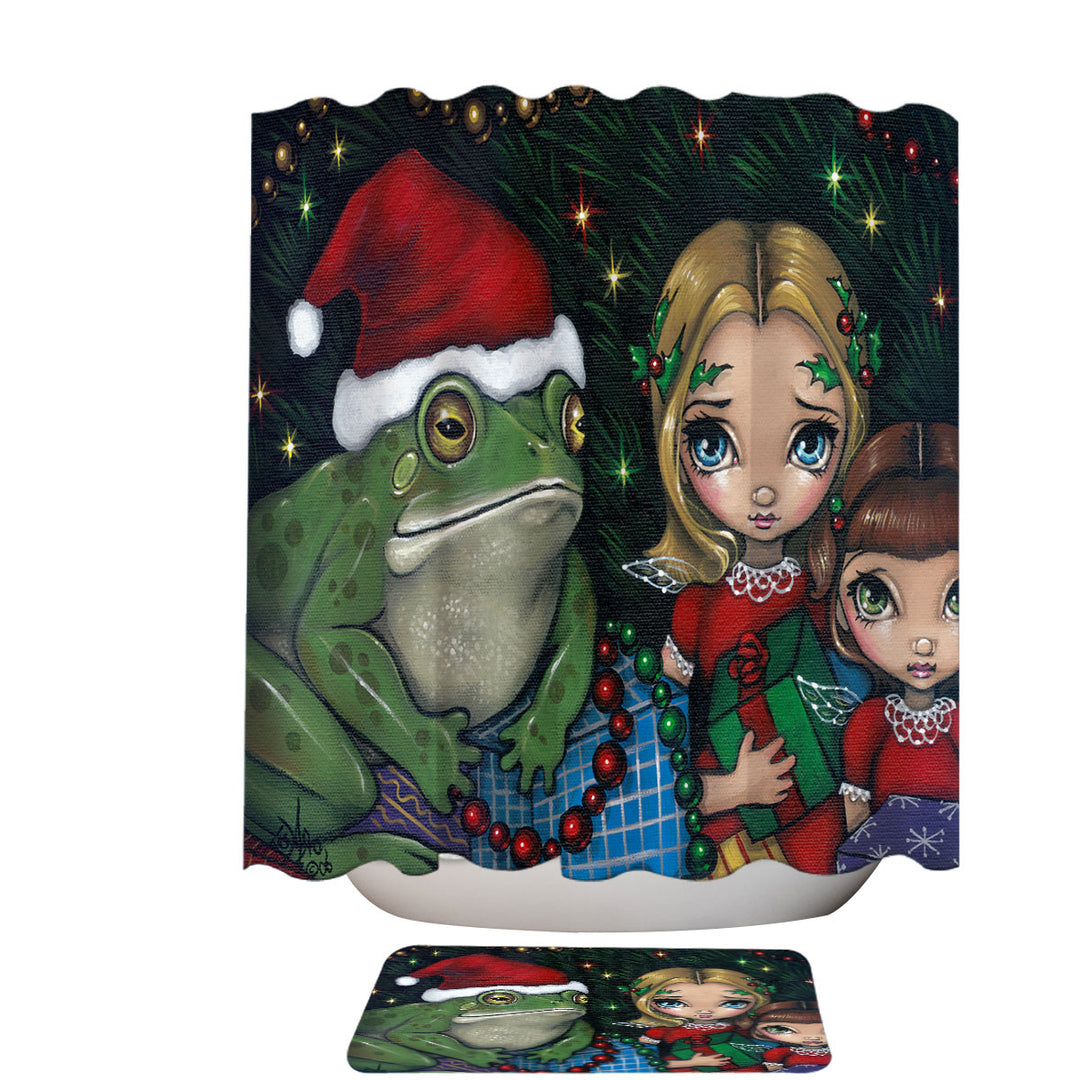 Cute Holiday Christmas Shower Curtains Painting Girls and Santa Frog