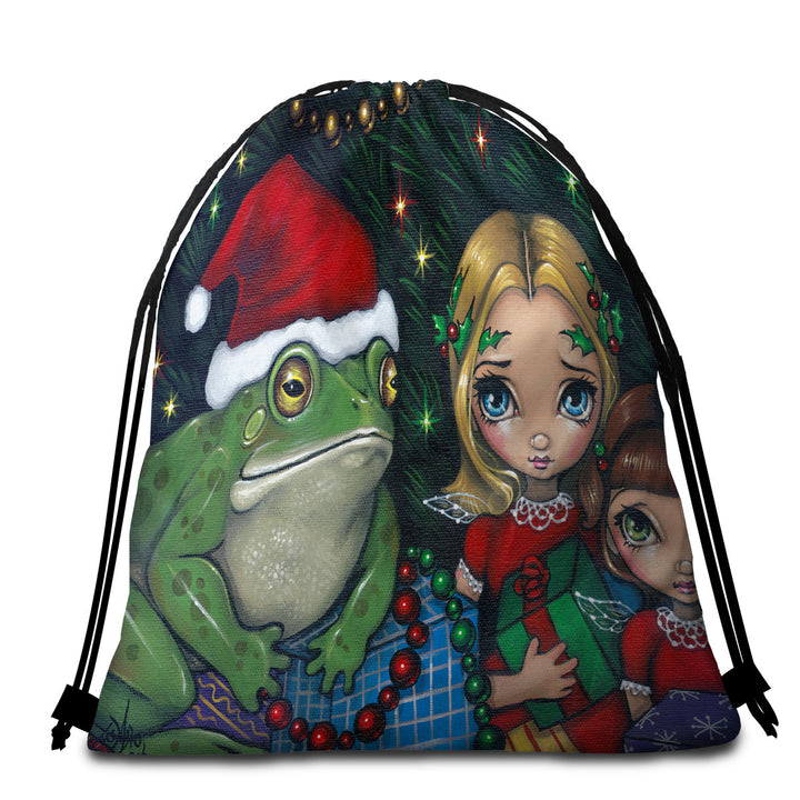 Cute Holiday Christmas Travel Beach Towel Painting Girls and Santa Frog