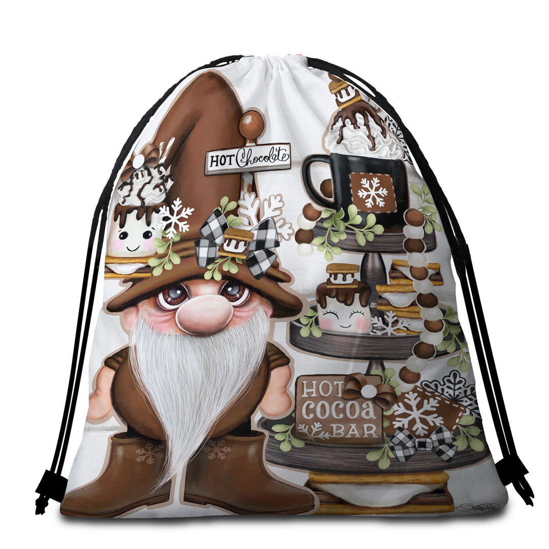 Cute Hot Chocolate and Smores Gnome Beach Towel Bags