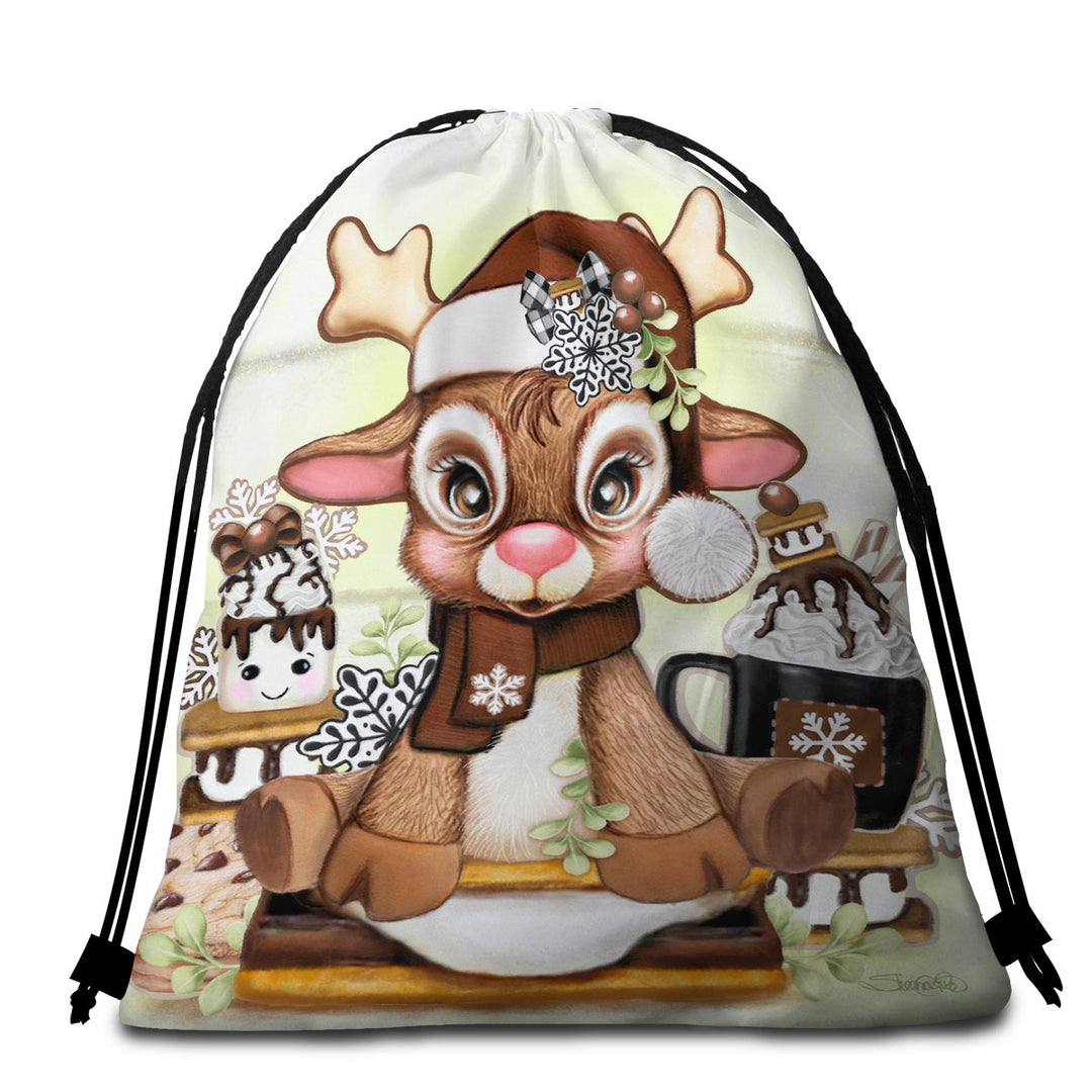 Cute Hot Chocolate and Smores Reindeer Beach Bags and Towels for Kids