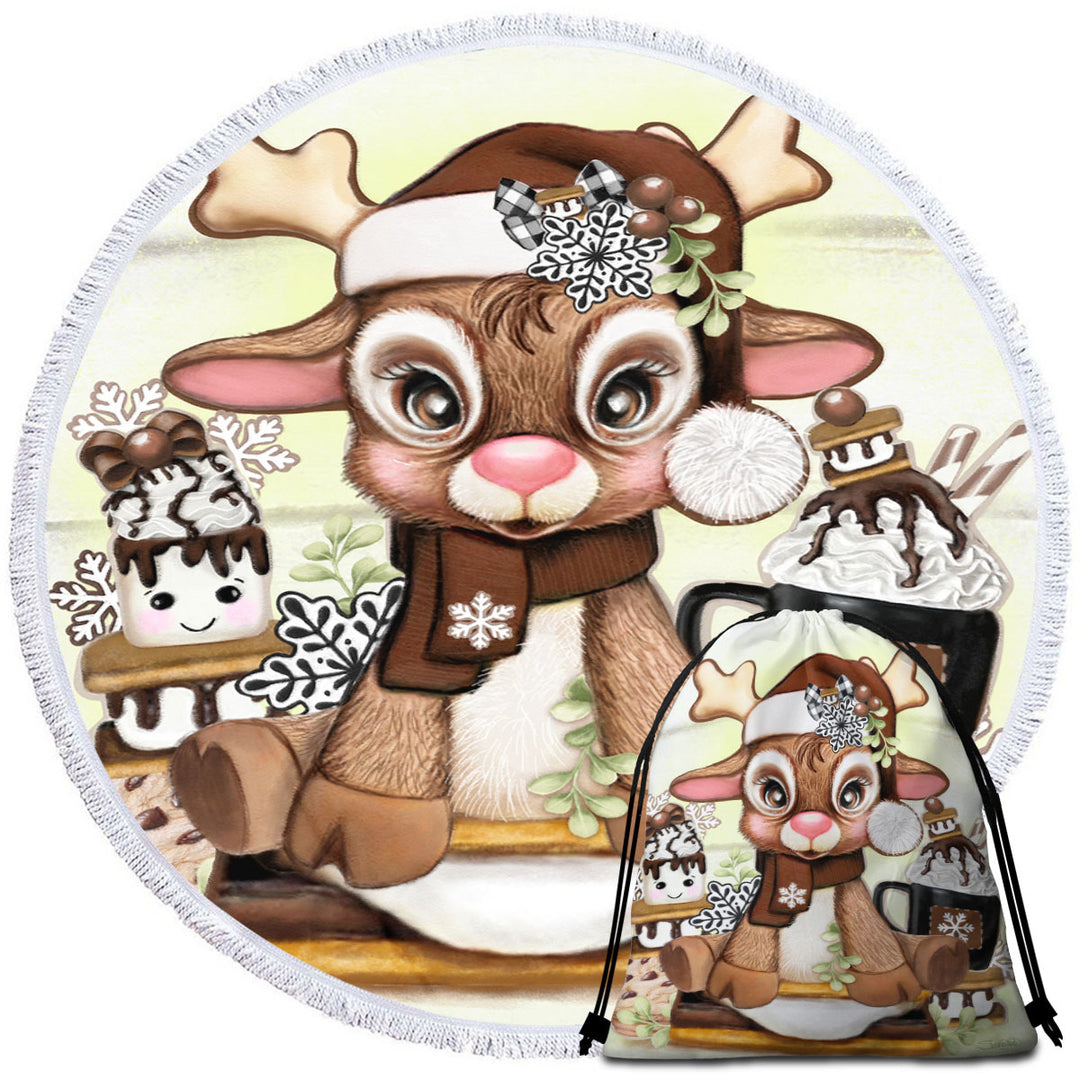 Cute Hot Chocolate and Smores Reindeer Beach Towels for Kids