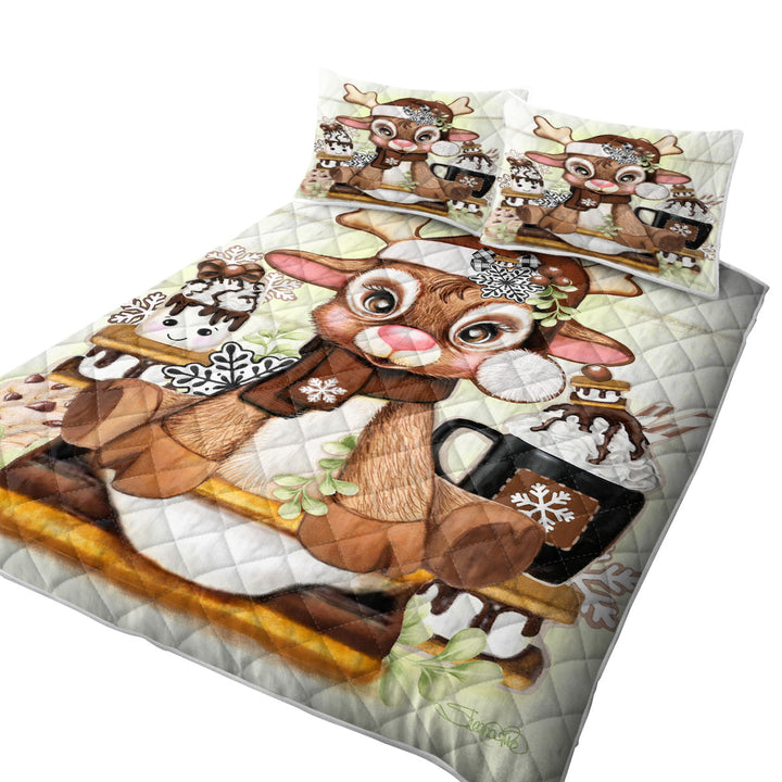 Cute Hot Chocolate and Smores Reindeer King Size Bedspreads