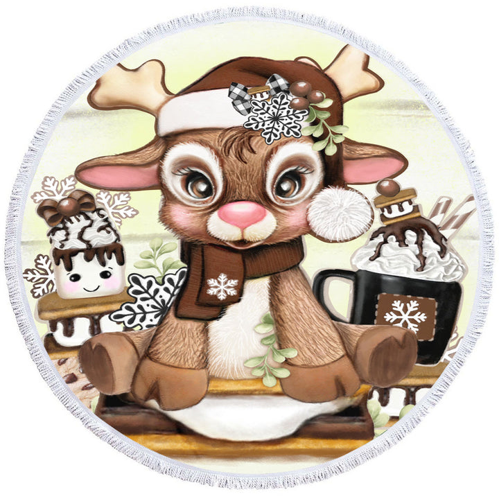 Cute Hot Chocolate and Smores Reindeer Round Beach Towel