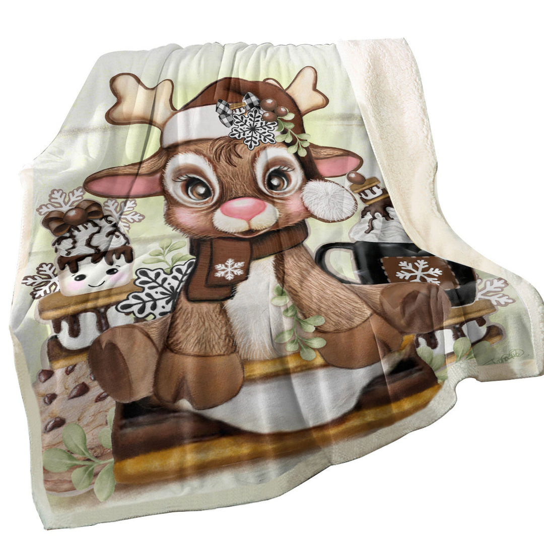 Cute Hot Chocolate and Smores Reindeer Sofa Blankets