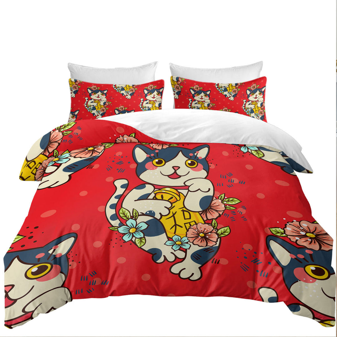 Cute Japanese Cat King Size Duvet Cover