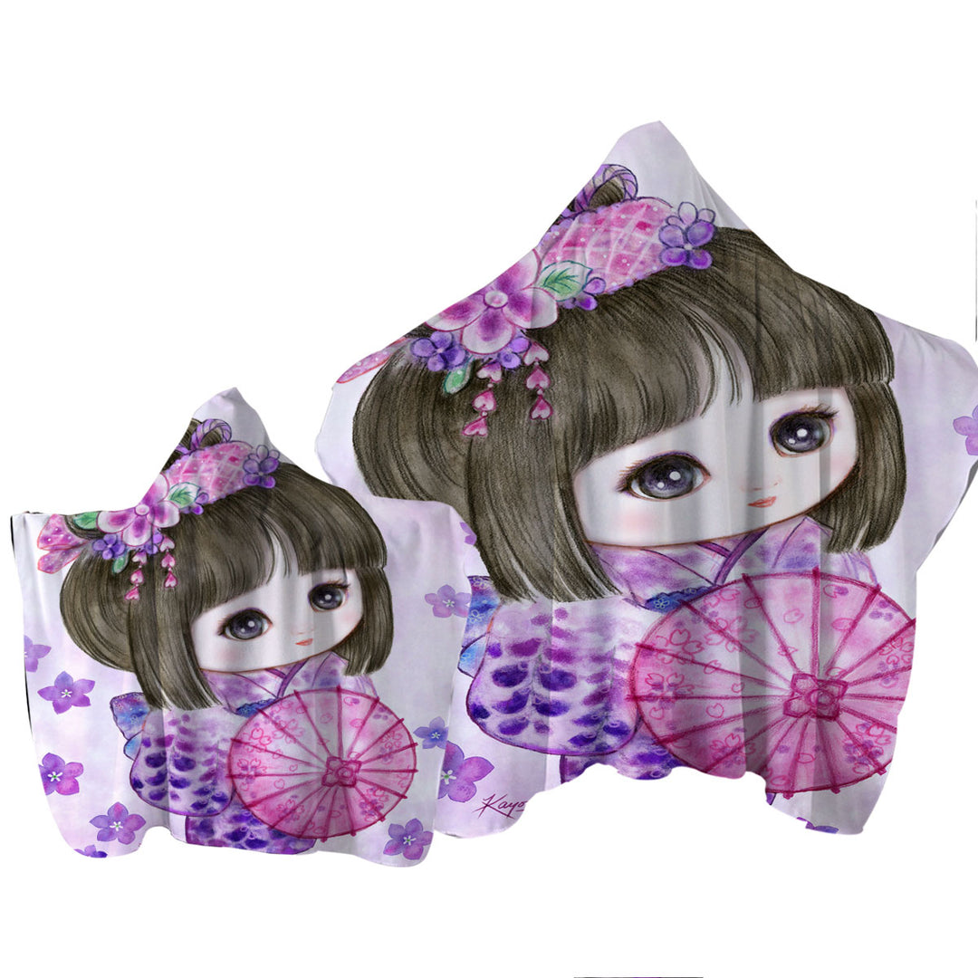 Cute Japanese Girl Wearing Purple Kimono Towel Hoodie