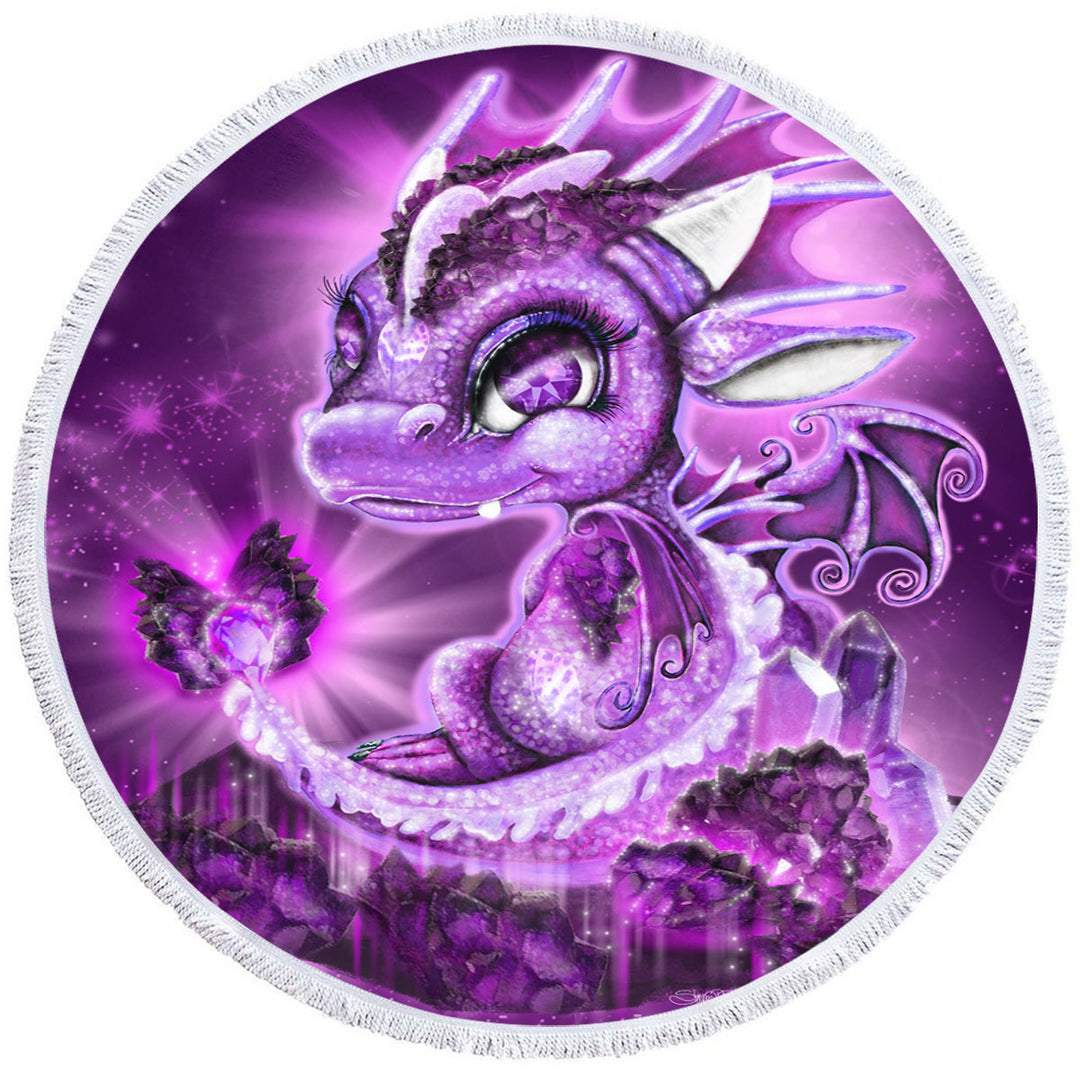 Cute Kid Round Beach Towel Gift February Amethyst Birthstone Lil Dragon