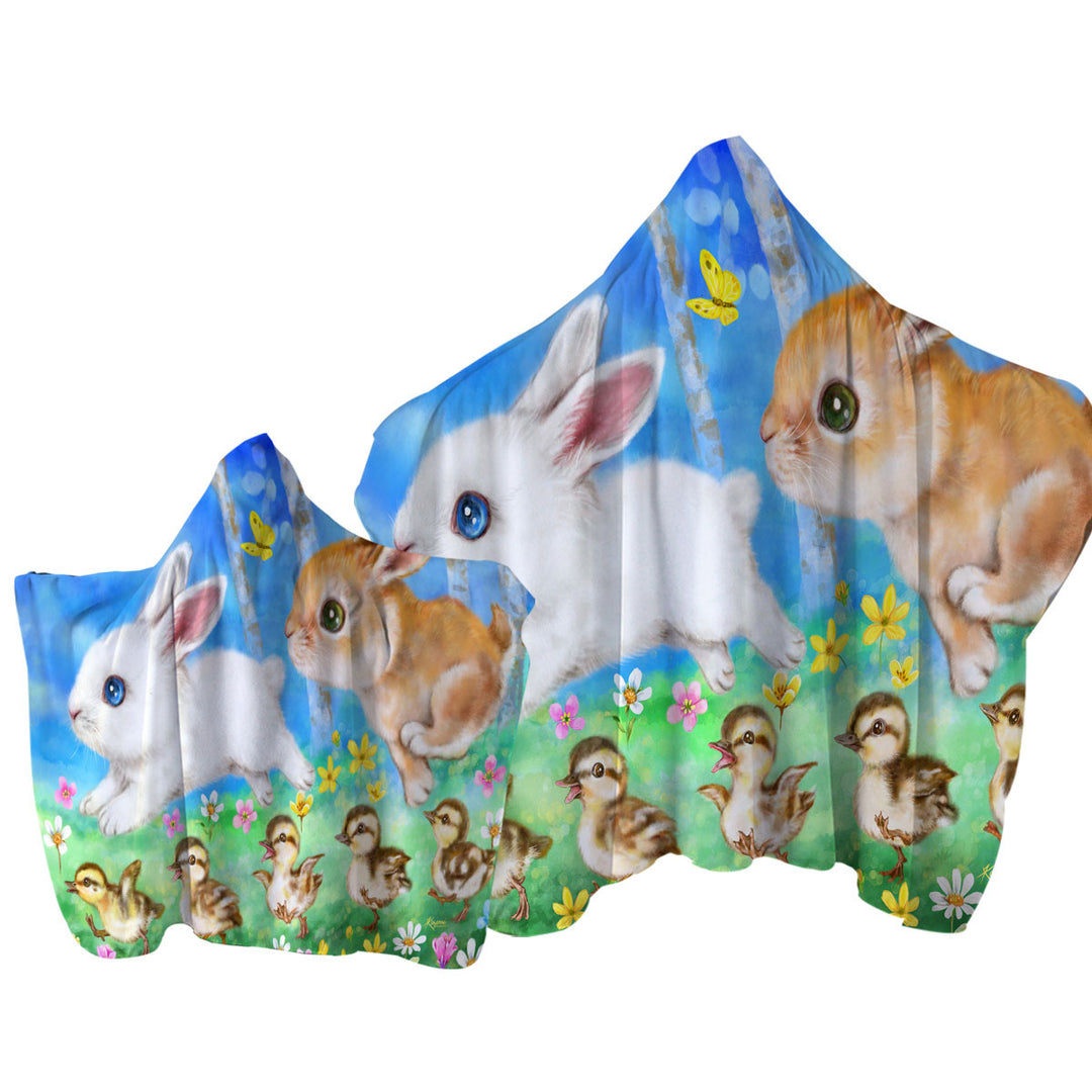 Cute Kids Art Designs Ducklings and Bunnies Towel with Hood